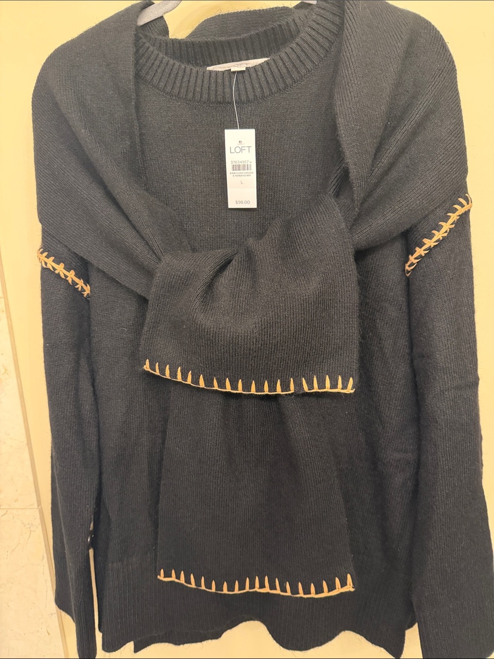 LOFT Black Open-Front Cardigan with Tan Stitch Detail
